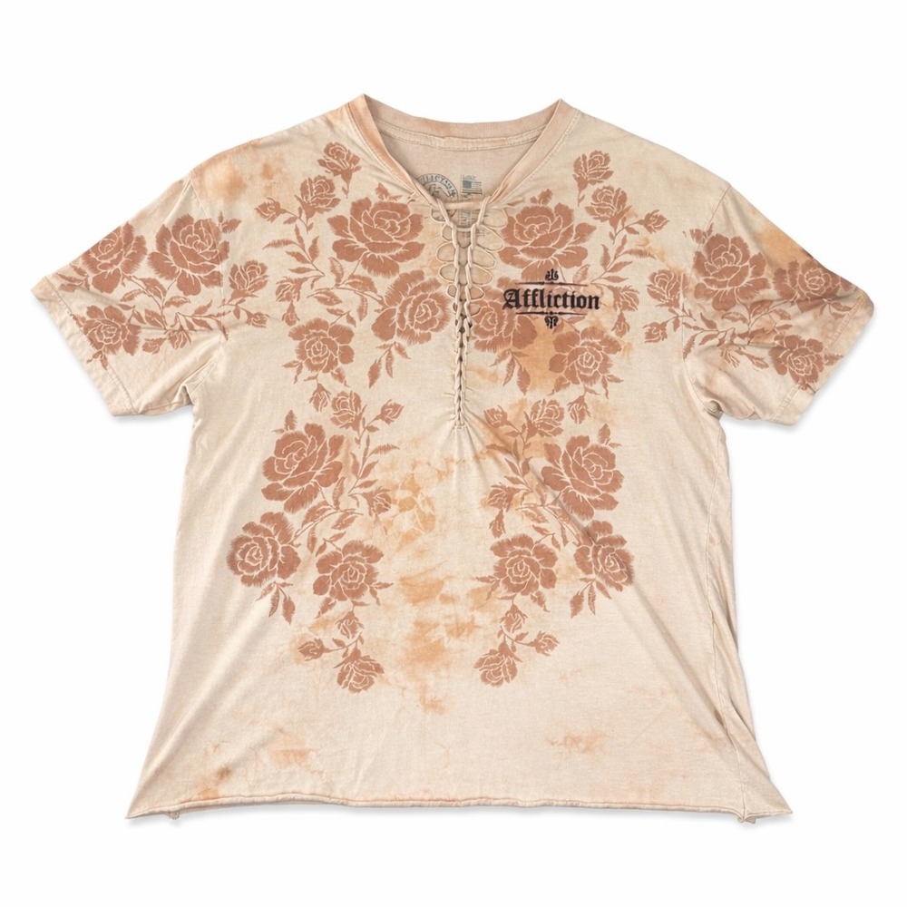 Affliction Womens Lace Up V-Neck T-Shirt Large Tan Floral Angel Wings GUC - Picture 5 of 7